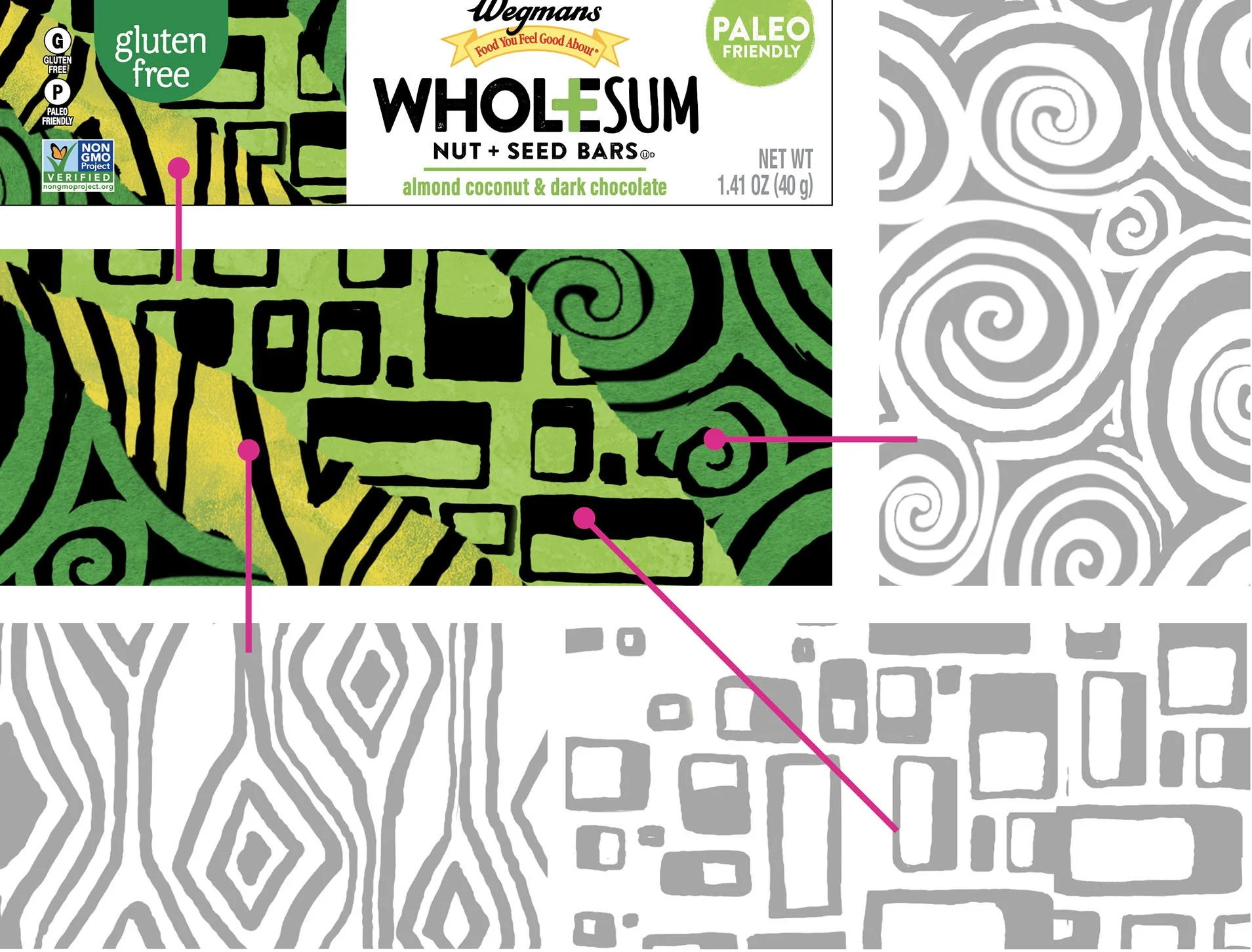 Product packaging for Wegmans Whole Sum nut and seed bars, flavor almond coconut and dark chocolate, gluten-free, paleo-friendly, verified non-GMO, net weight 1.41 oz (40 g). The design features abstract green, black, yellow, and gray patterns.