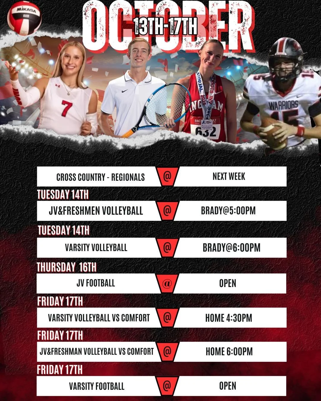 📅 LOOK AHEAD IN WARRIOR SPORTS 🏹
It&rsquo;s a busy and exciting time for our Warriors! ❤️🖤

🏃&zwj;♀️ Cross Country &ndash; gearing up for Regionals next week! Let&rsquo;s cheer them on as they continue their incredible season!

🏈 Football &ndash