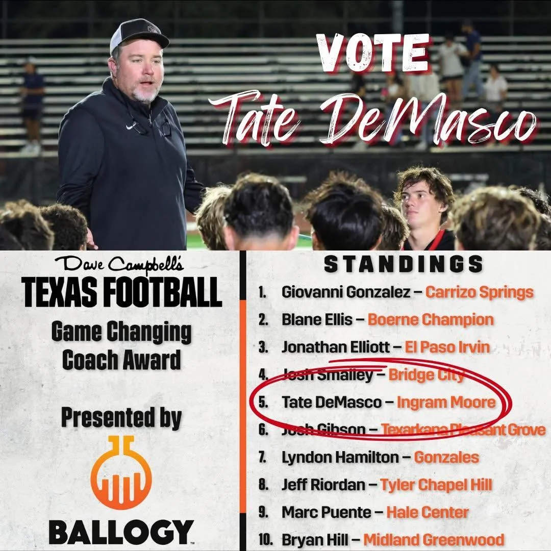 Coach DeMasco shows up for our kids and our community&mdash;now it&rsquo;s our turn! 🖤❤️

Tap the link and vote (you can vote multiple times a day) 👉 https://www.texasfootball.com/game-changing-coach-award

Share this, tag a friend, and keep voting