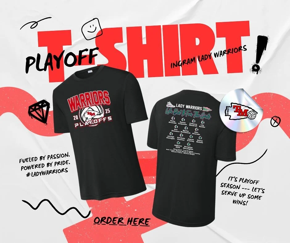 💥 Let&rsquo;s show our support for our Lady Warriors! 💥
Playoff time is here&mdash;grab your playoff shirts and help keep these girls fired up! ❤️🖤

Let&rsquo;s go Lady Warriors! 🏐🔥

Order today 🫶🏽
file:///var/mobile/Library/SMS/Attachments/aa