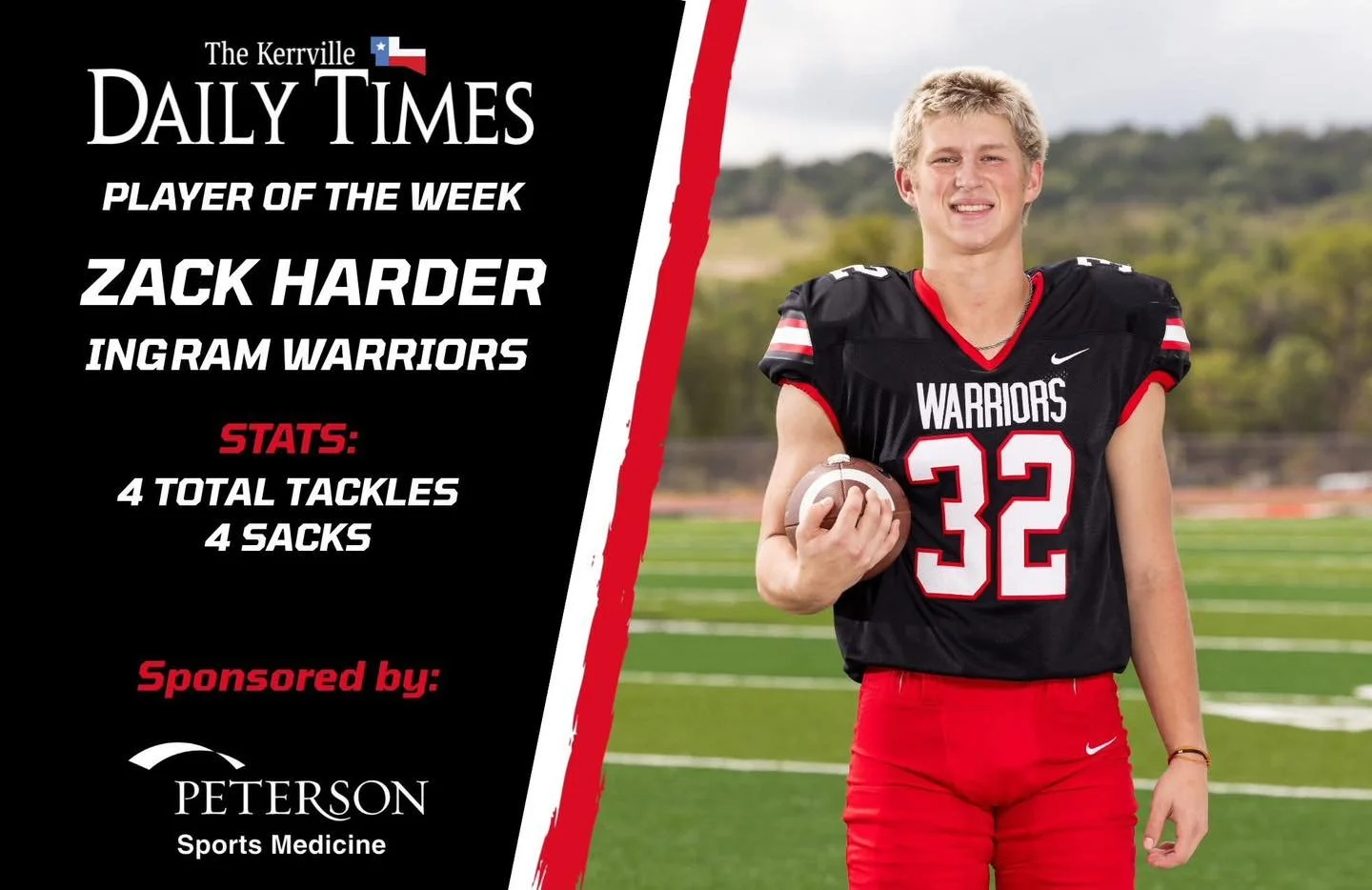 🏈 PLAYER OF THE WEEK 🏈
Sponsored by Peterson Sports Medicine

Join us in congratulating Zack Harder &mdash; named the Kerrville Daily Times Player of the Week! 🔥

Zack dominated on the field against Luling last week, racking up four total tackles 