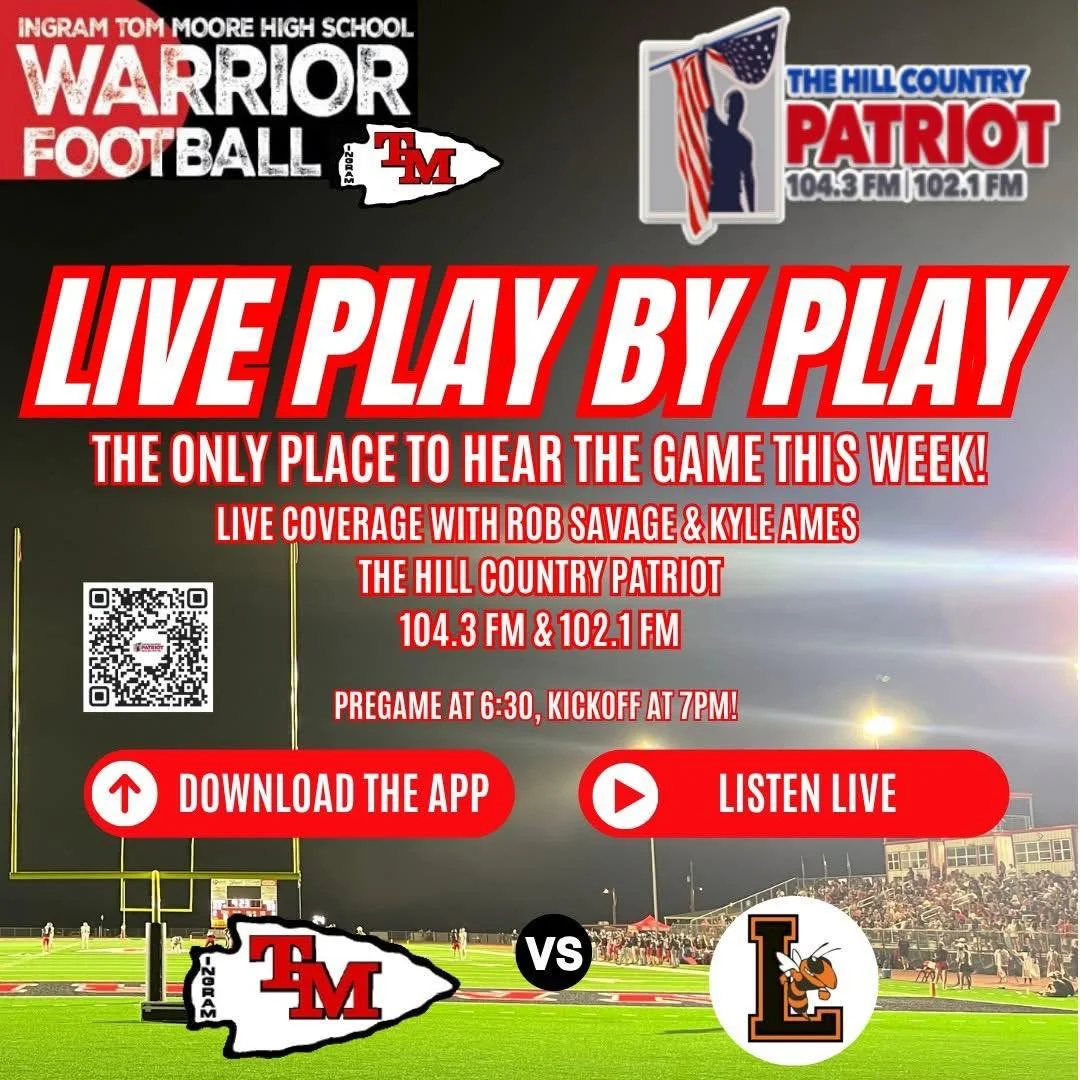 FRIDAY. NIGHT. TITLE. 🔥

District Championship on the line as Ingram Warriors roll into Llano!

🎙️ Pregame 6:30p &bull; 🕖 Kickoff 7:00p
Download The Patriot app and take us with you to the game!

Let&rsquo;s flood the stands and bring the noise&md