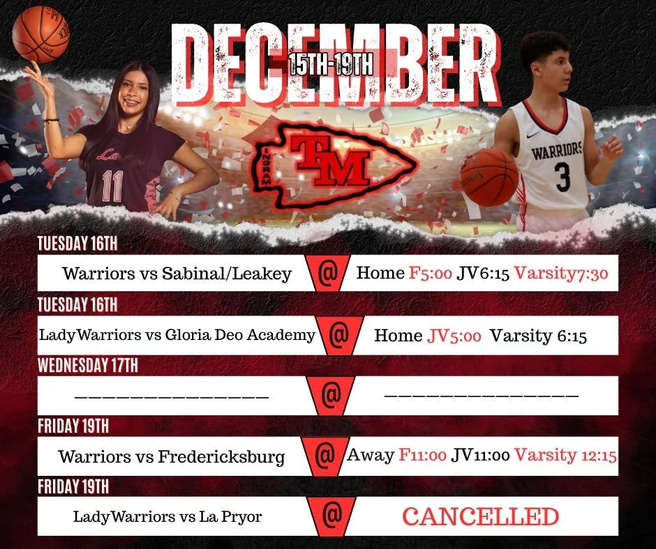 After a long week on the court, we&rsquo;re at it again! 🏀
Here&rsquo;s a look at a week in basketball at Ingram Tom Moore.

🚨 UPDATE:
Friday&rsquo;s Varsity Lady Warriors game vs. La Pryor has been CANCELLED.

Let&rsquo;s keep showing up, cheering