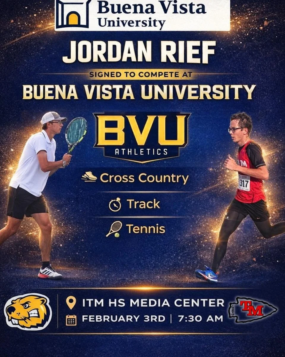 🎉✍️ SIGNING DAY CELEBRATION ✍️🎉

Please join us as Jordan Rief officially signs to continue his athletic career at Buena Vista University!

Jordan will compete in Cross Country, Track, and Tennis at the next level &mdash; a true testament to his de