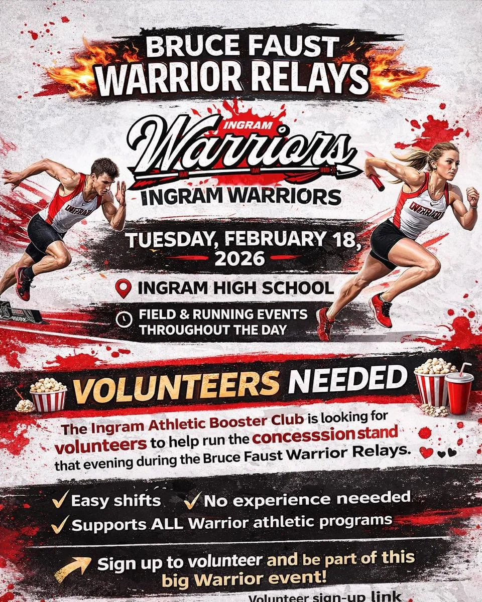 🍿🥤 VOLUNTEERS NEEDED &ndash; CONCESSION STAND 🥤🍿

Warrior Nation, we need YOU! 💪
As we gear up for the Faust Warrior Relays, the Ingram Athletic Booster Club is looking for volunteers to help run the concession stand.

🗓 Tuesday, February 18
⏰ 