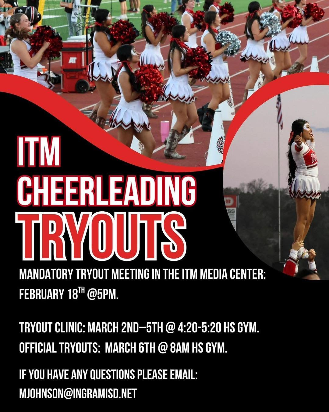📣 ITM Cheer Tryouts are coming up! 📣

Do you love school spirit, teamwork, and bringing the energy on game day? This is your chance to be part of something special at Ingram Tom Moore! ❤️🖤

📌 Mandatory Tryout Meeting
📍 ITM Media Center
🗓 Februa