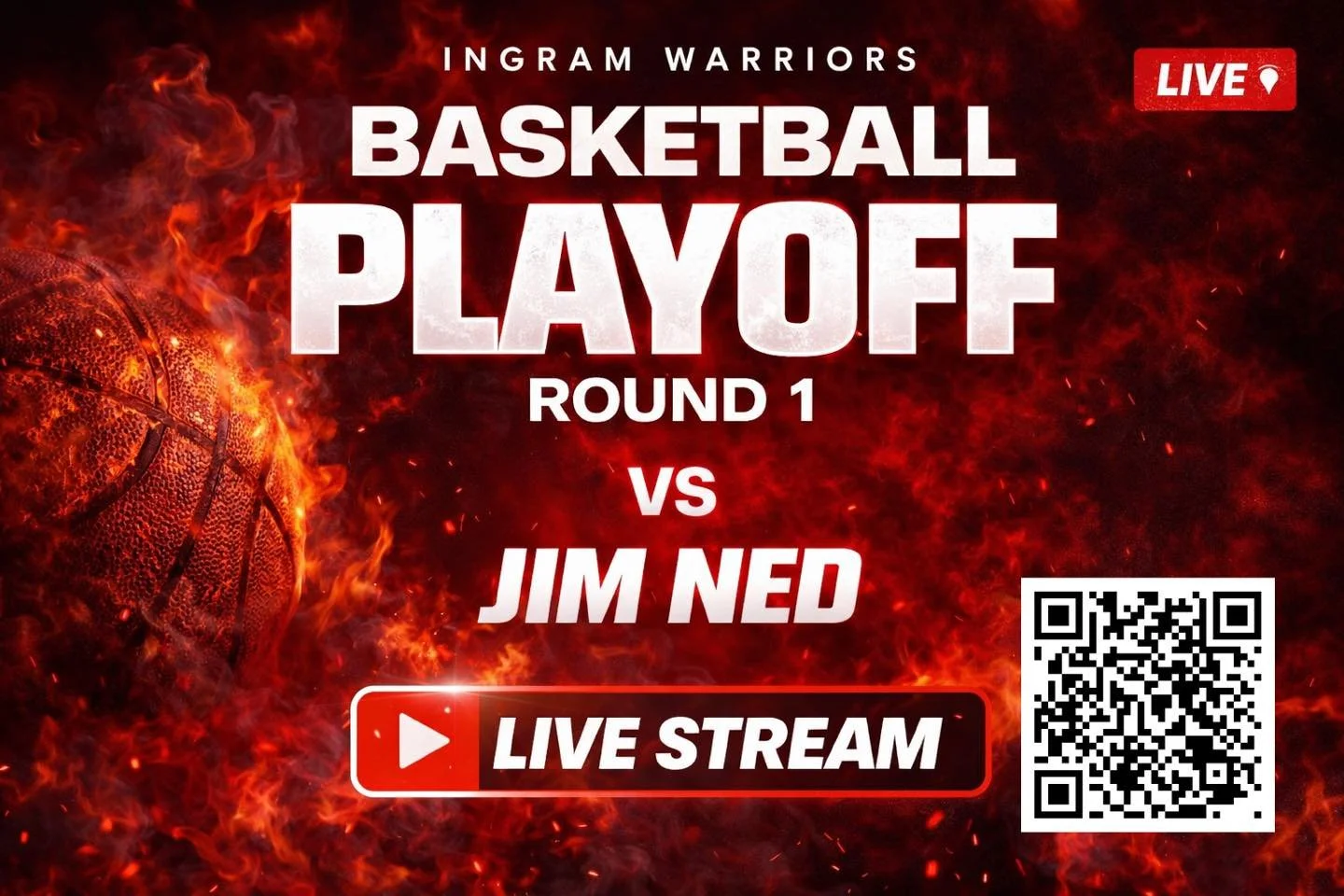 🔥🏀 PLAYOFF ROUND 1 &ndash; LIVE 🏀🔥

Warrior Nation, it&rsquo;s win-or-go-home time!

Your Ingram Warriors take on Jim Ned in Round 1 of the playoffs &mdash; and you can catch it LIVE!

📲 Scan the QR code
▶️ Watch here:
👉 https://www.nfhsnetwork
