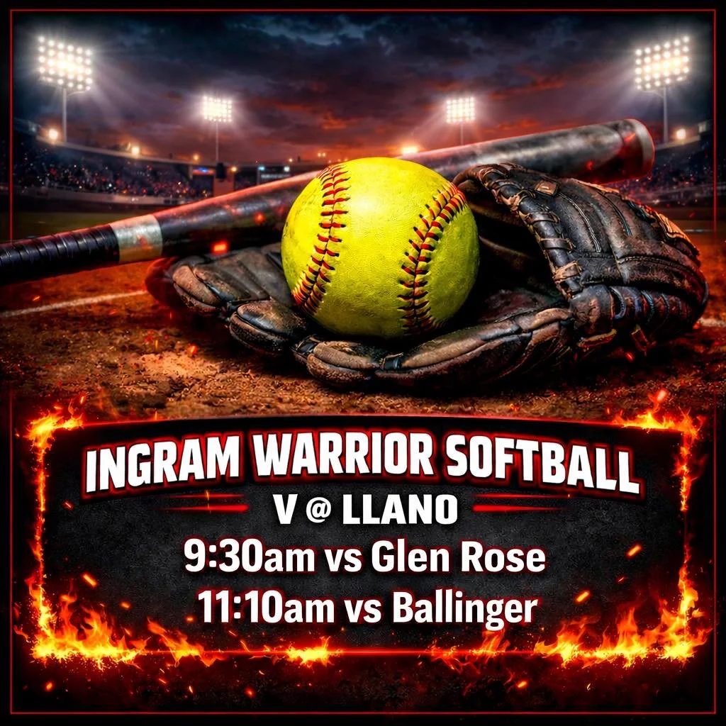 🔥 TOURNAMENT DAY, WARRIOR NATION 🔥

The Lady Warriors are headed to Llano and we need that Hill Country energy behind them! ❤️🖤🥎

🕤 9:30am vs Glen Rose
🕚 11:10am vs Ballinger

Two games. One mission. Compete with heart. Represent Ingram.

If yo