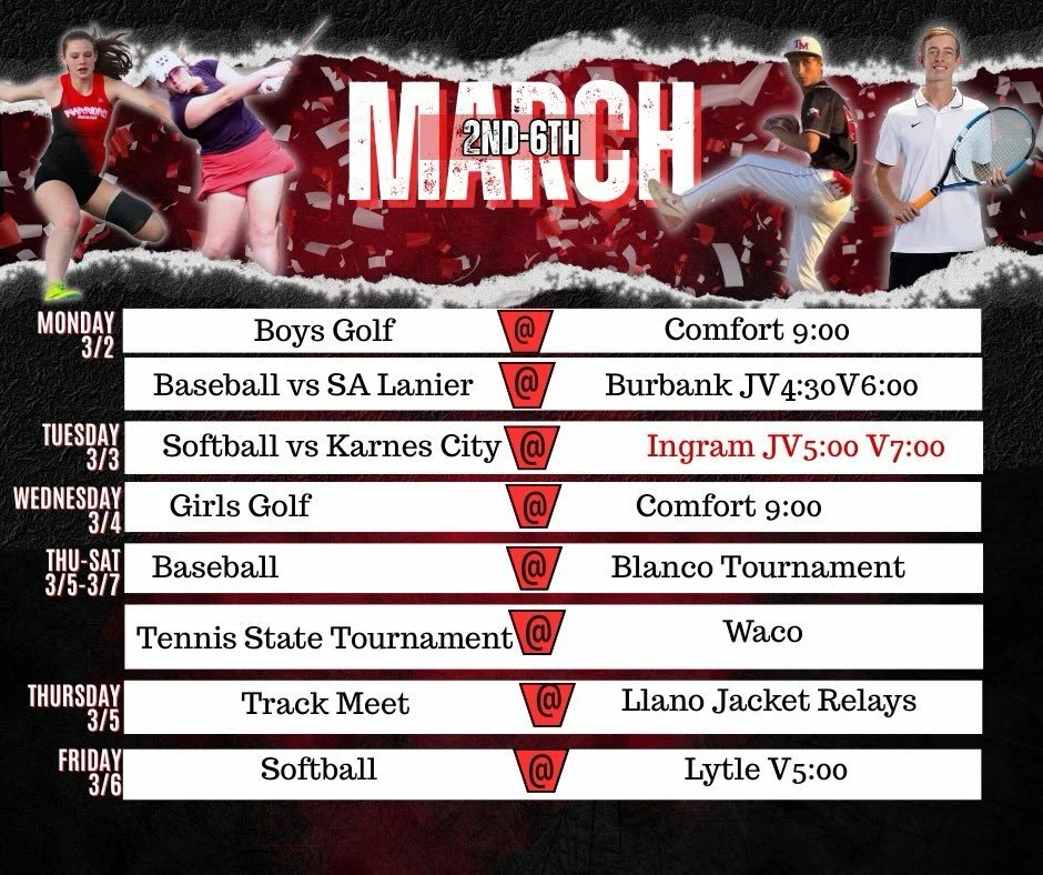 Let&rsquo;s pack the stands and support our athletes! ❤️🖤❤️🖤

It&rsquo;s a big week for the Ingram Warriors with action across multiple sports!

⚾ Baseball &ndash; Come out and cheer on the Warriors as they hit the diamond this week!
🥎 Softball &n