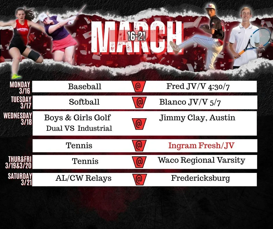 🏅 It&rsquo;s a busy week for the Warriors! 🏅

Our athletes are hitting the field, course, and track all week long! Come out and support the Ingram Warriors as they compete in baseball, softball, golf, and track.

📅 This Week&rsquo;s Games &amp; Ev