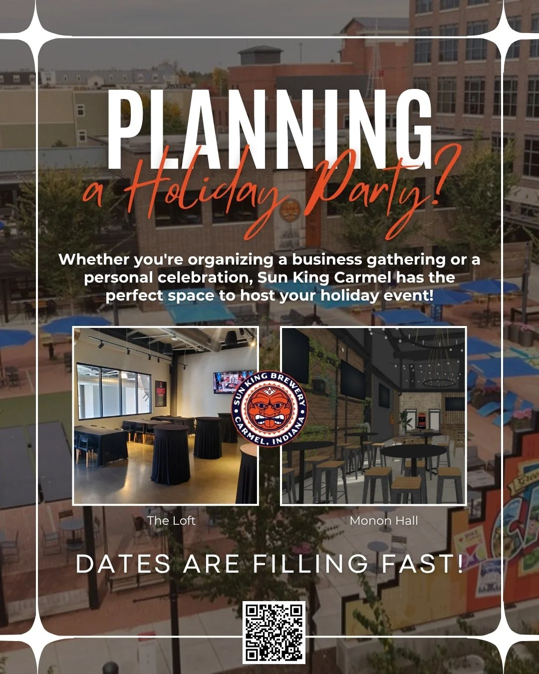 Flyer promoting private event space rentals for the holidays at Sun King Carmel