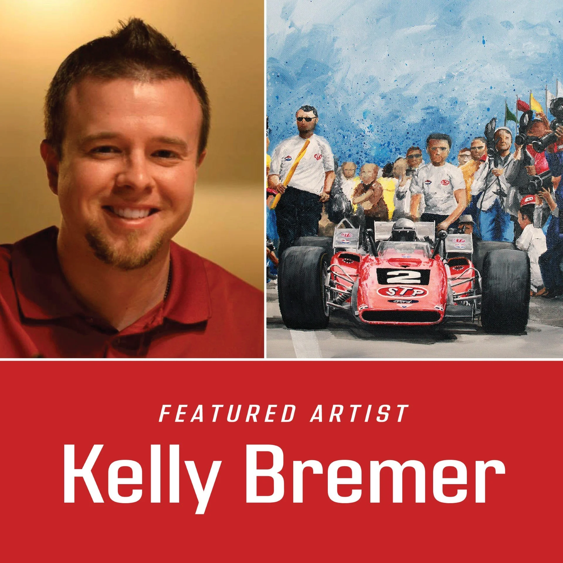 Artist Kelly Bremer headshot next to painting of Indy car and people cheering