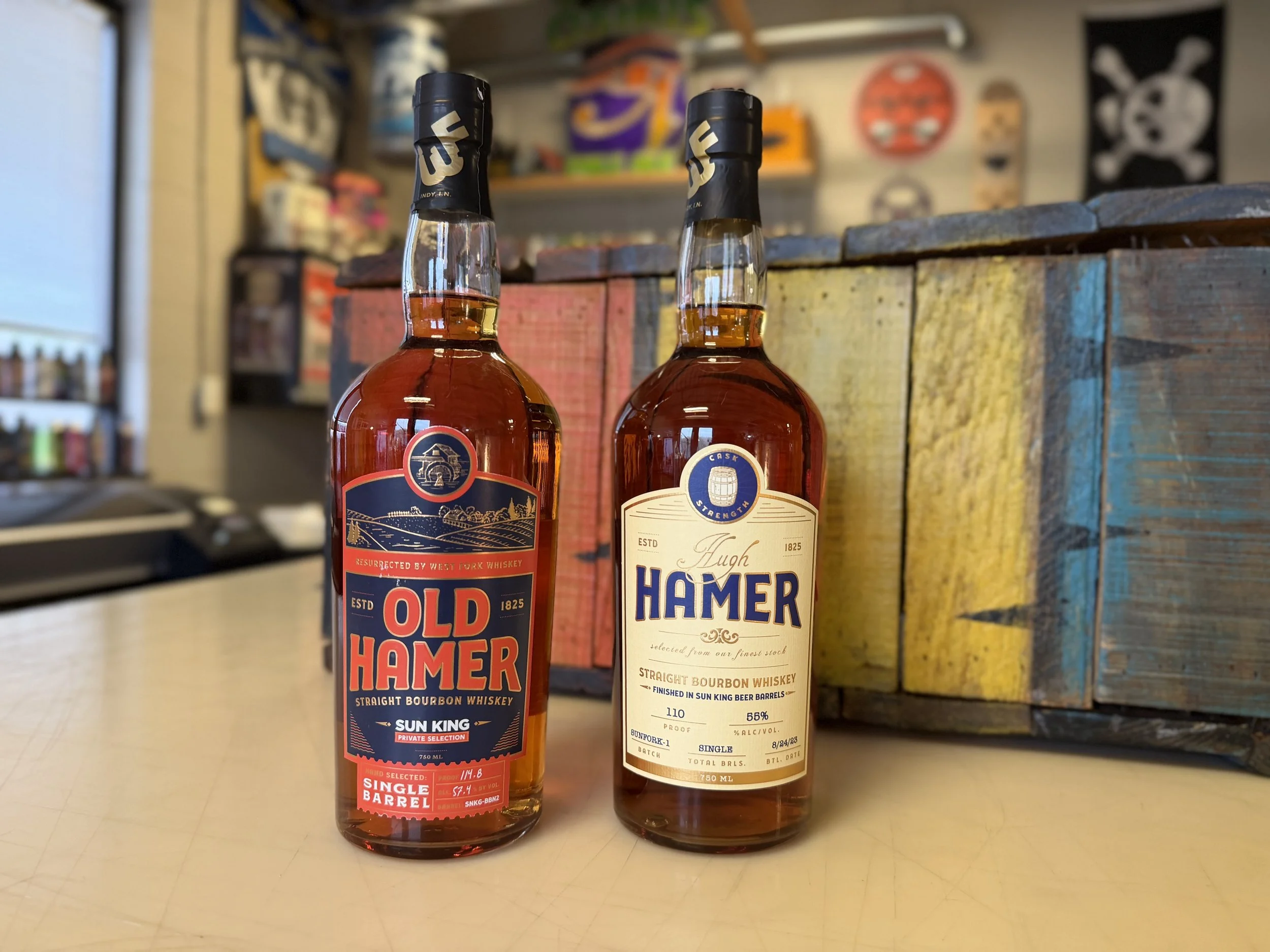 1 bottle Sun King private label Old Hamer bourbon and 1 bottle of Sun King private label Hugh Hamer