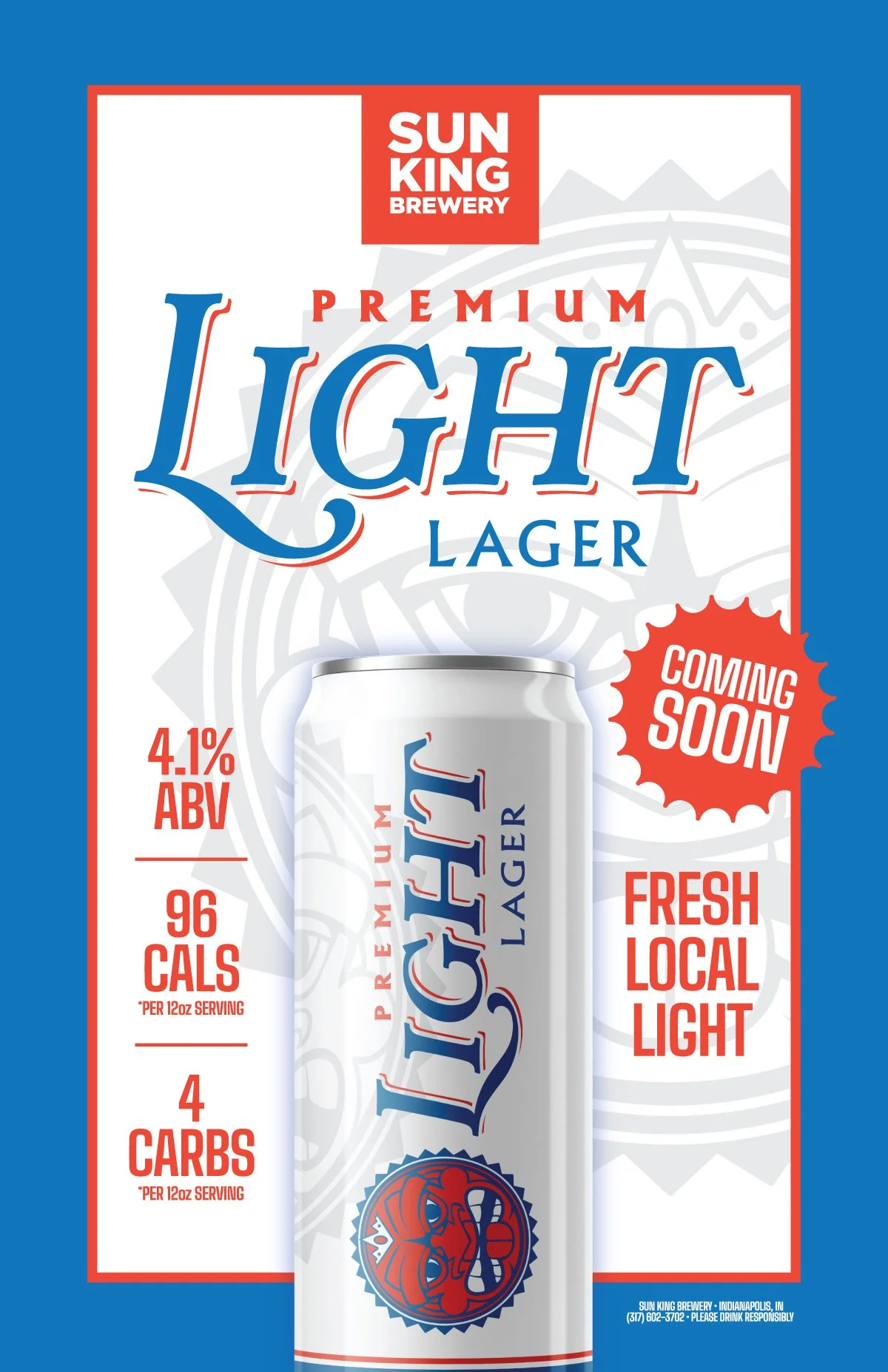 Premium Light Lager Coming Soon poster with can and beverage information