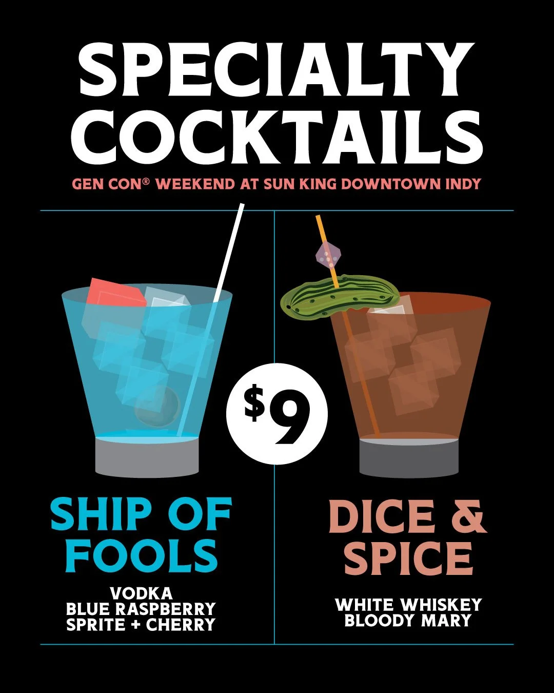 Specialty Cocktail poster with a blue drink and a red drink