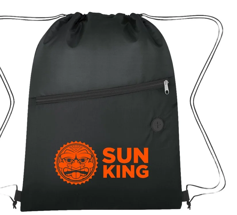 black drawstring backpack with sun king logo on front