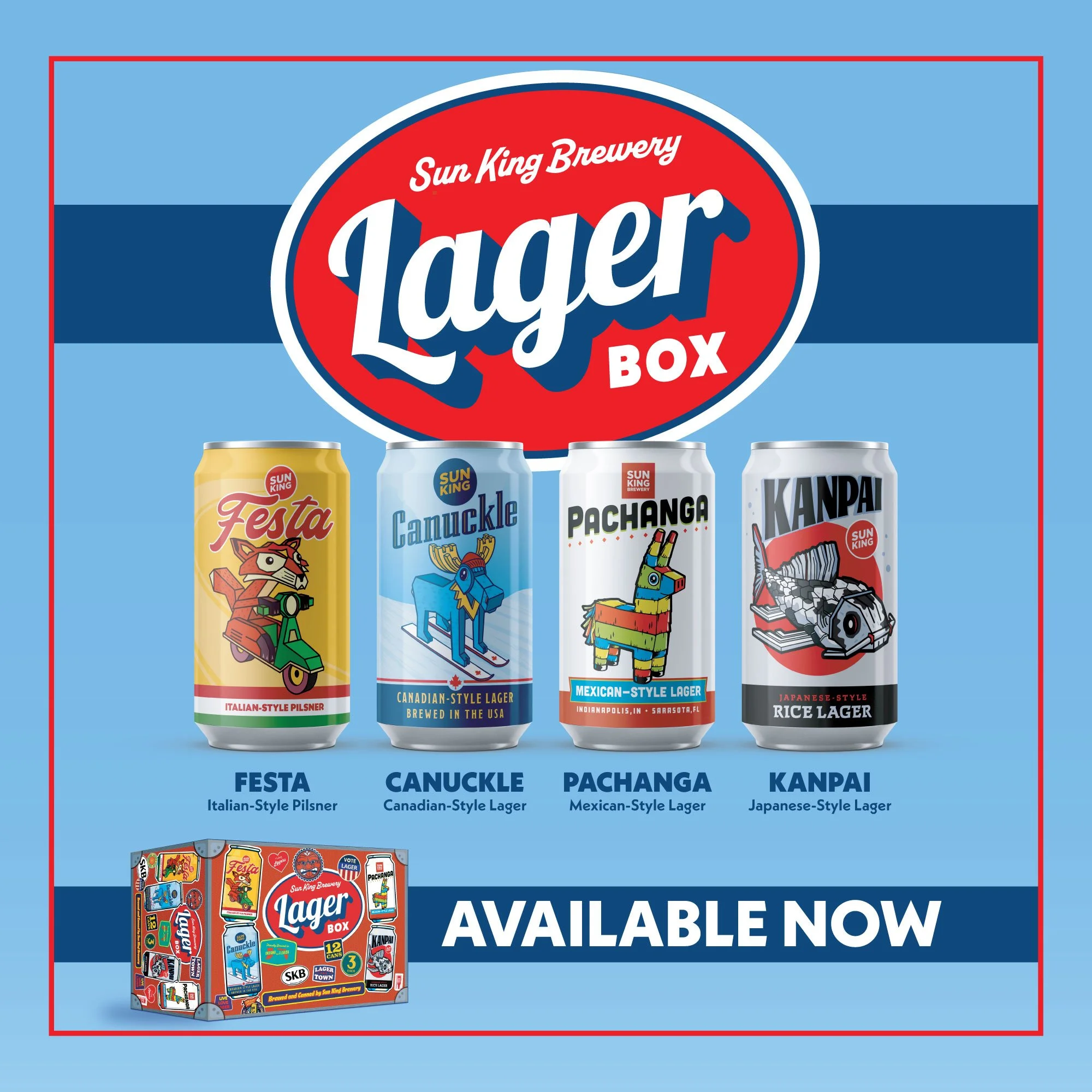 Lager Box image beer box that looks like a suitcase with stickers about lager on box.