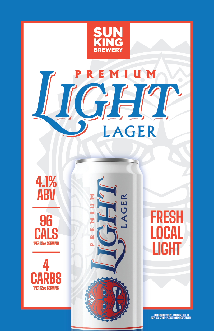 Premium Light Lager Coming Soon poster with can and beverage information