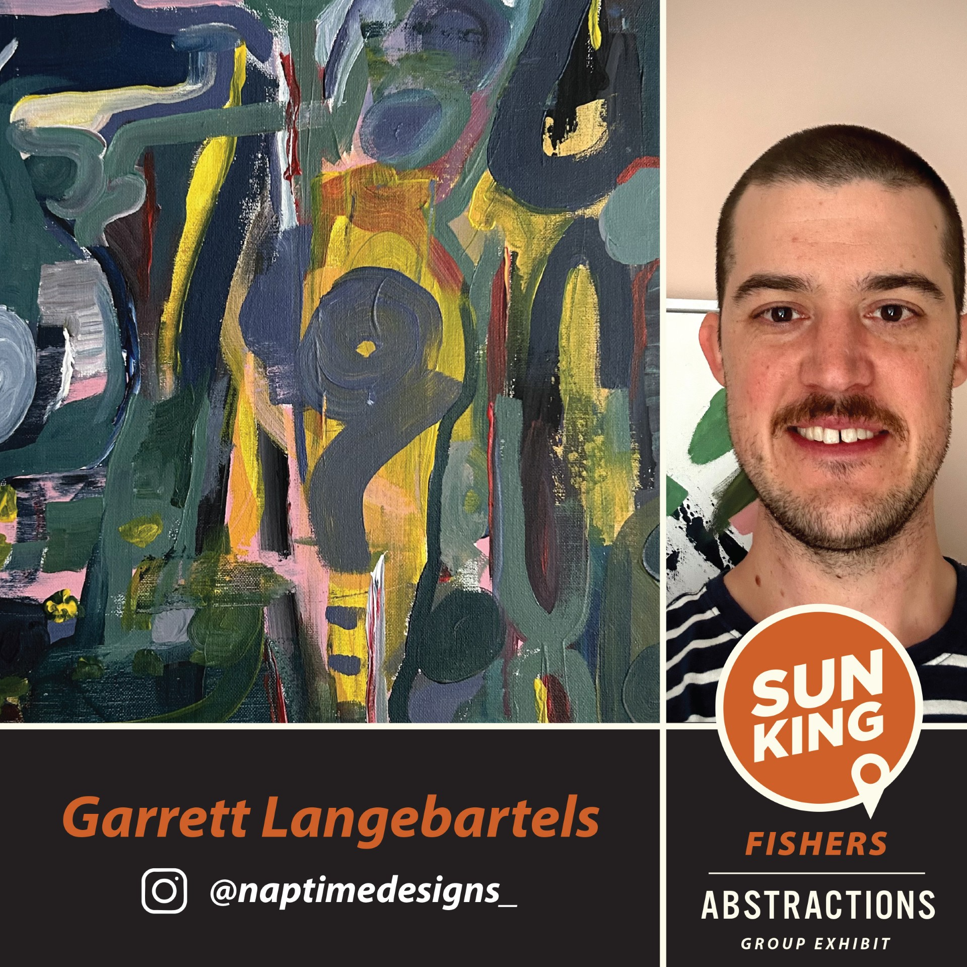 Garrett Langbartels artist headshot and abstract painting