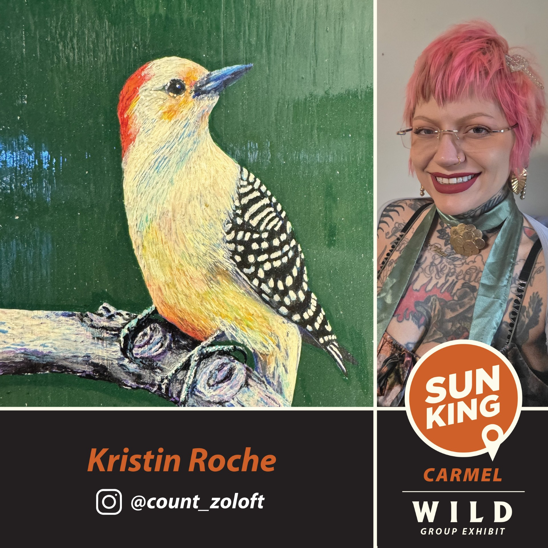 Kristin Ri=oche artist headshot and bird painting
