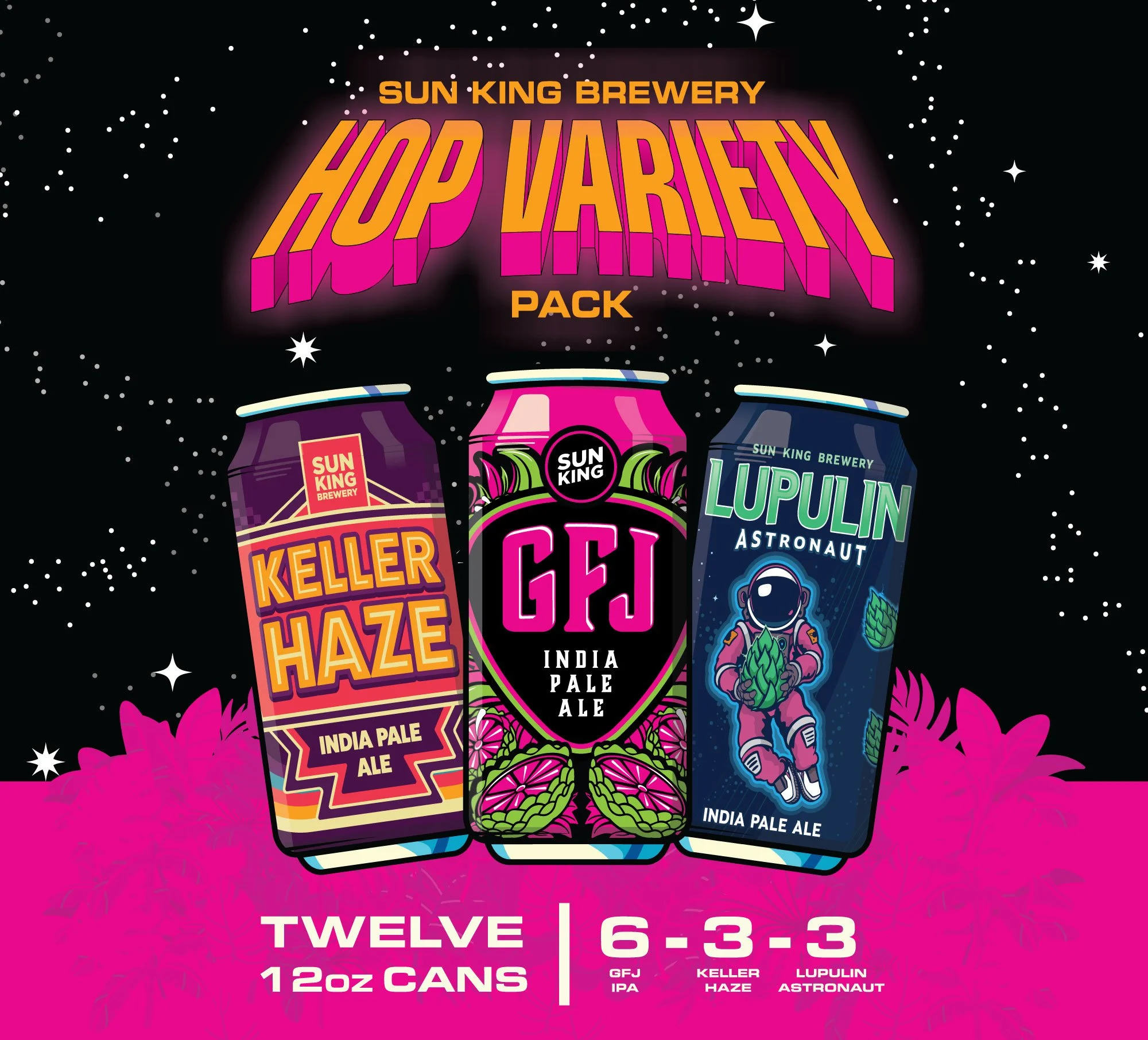 Hop Pack 12 ad with a can of Keller Haze, GFJ and Lupulin Astronaut