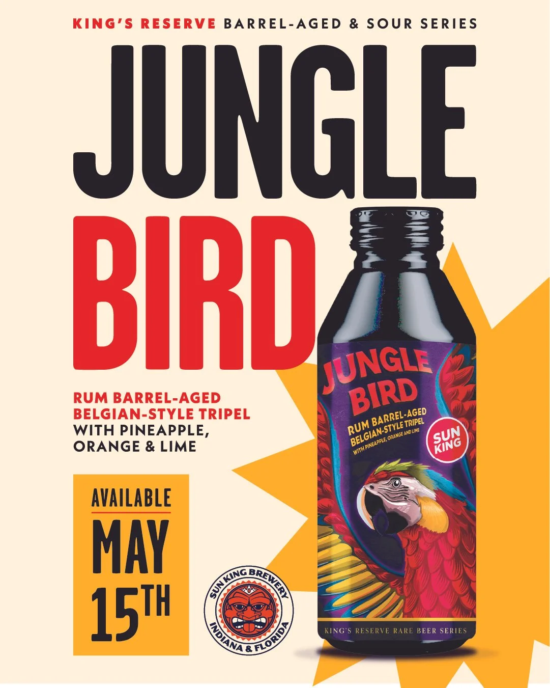 Poster featuring parrot and can of King's Reserve Jungle Bird