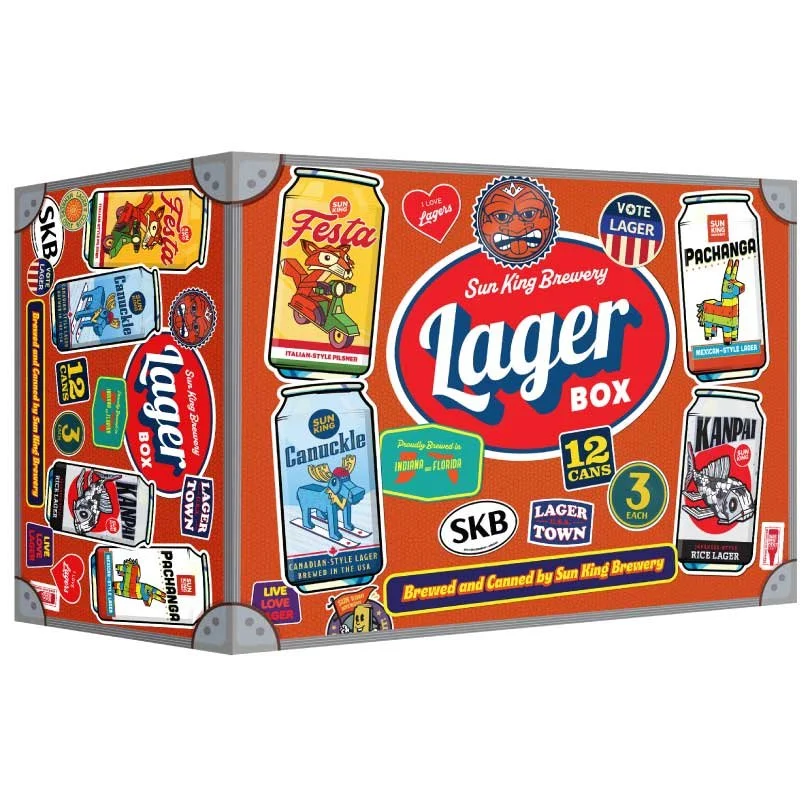 Lager Box image beer box that looks like a suitcase with stickers about lager on box.