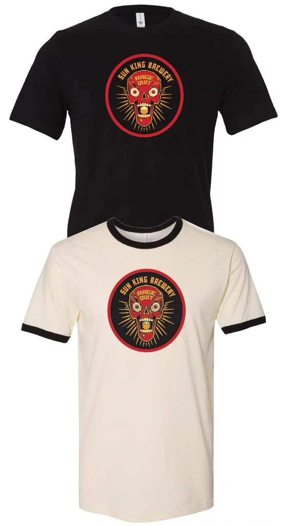black t-shirt with Rage Quit skull art on front above a cream ringer t-shirt with the Rage Quit art
