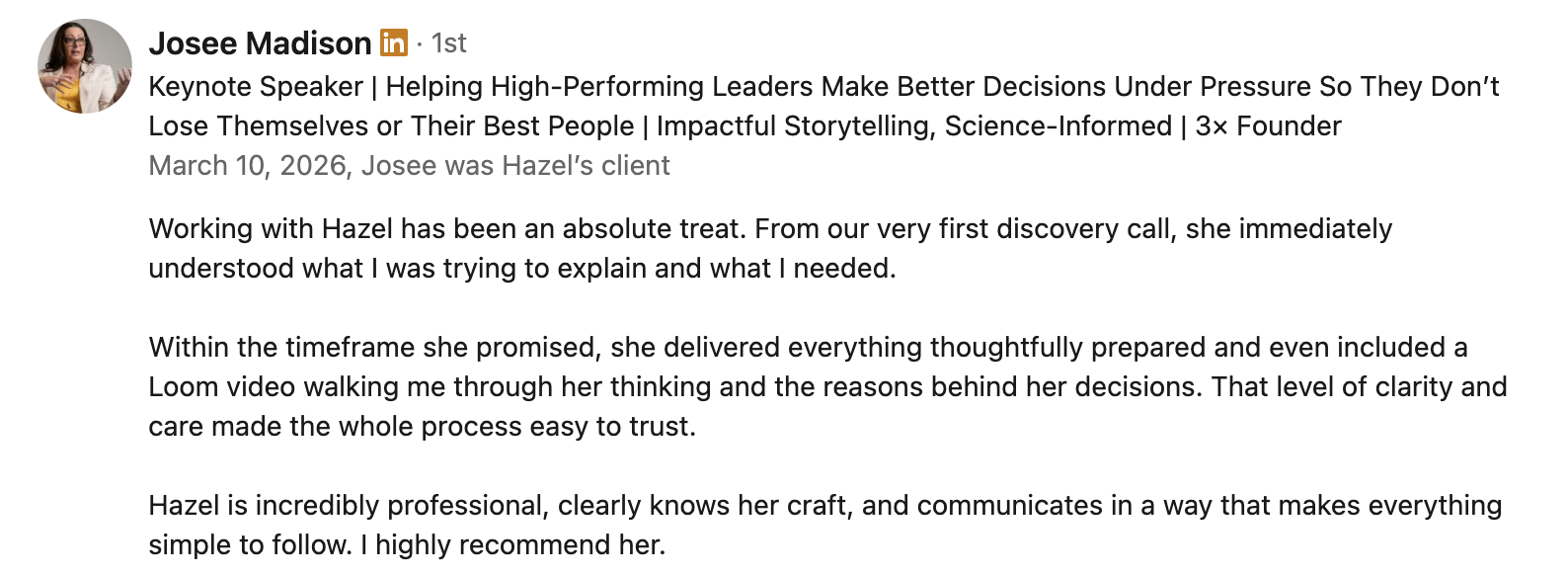 email marketing strategist testimonial from Josee Madison