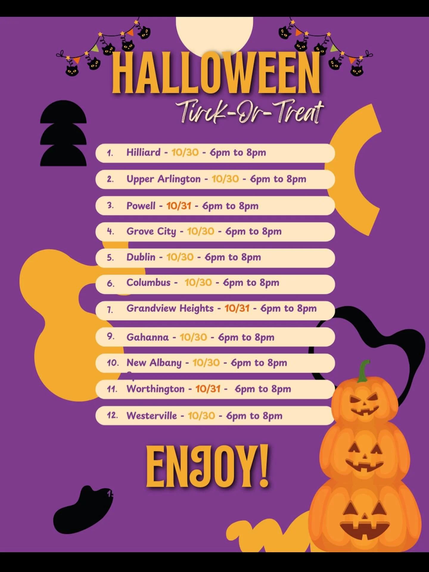 The trick or treat schedule for surrounding areas! 🍬🍫
#gatewayloftscolumbus #halloween #trickortreat #columbus