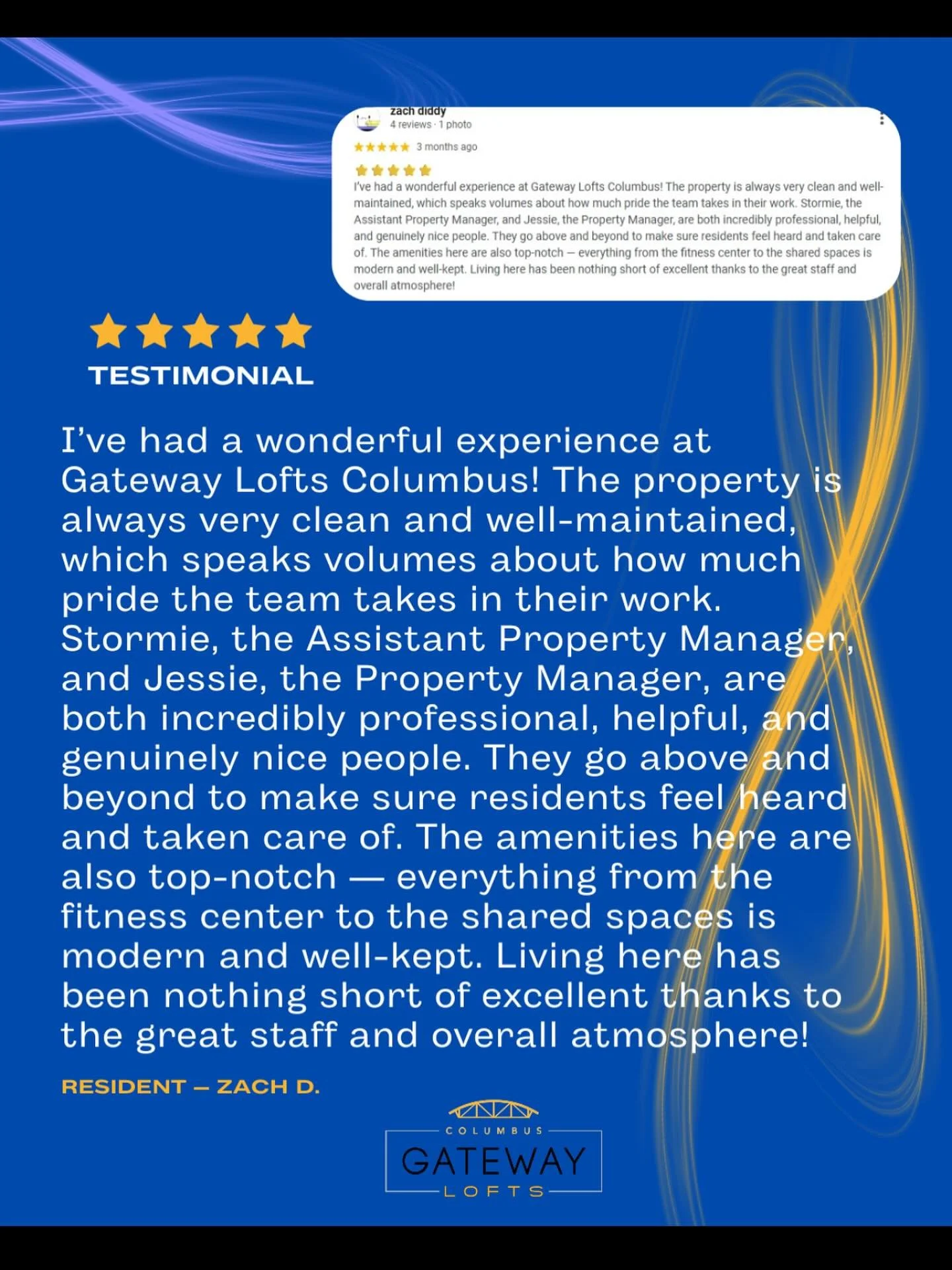 Thank you so much Zach for your glowing review! We truly love hearing from our residents! 

#gatewayloftscolumbus #resident #feedback #thankyou #grateful #cbusresident #cbusapartments