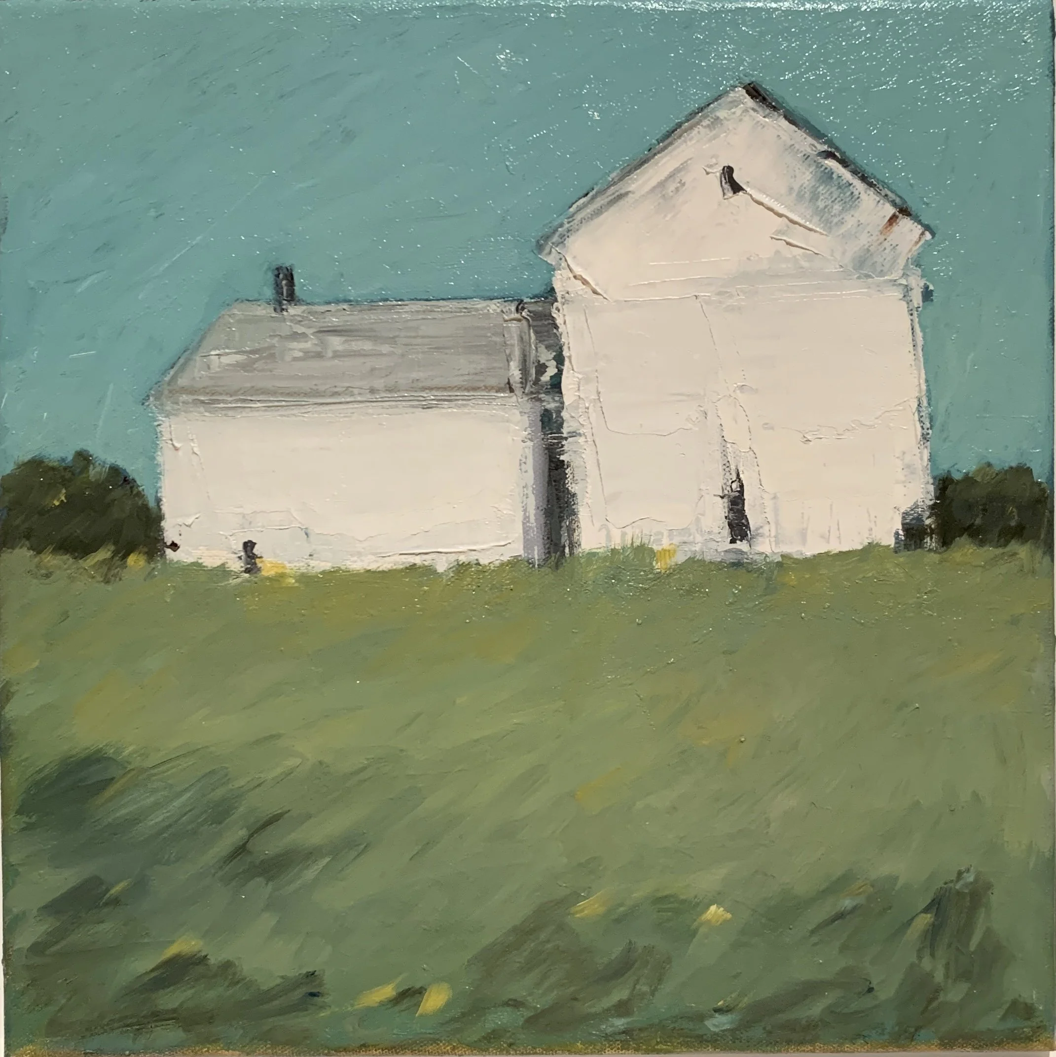 White Barn, Teal Sky 12x12  sold 🔴