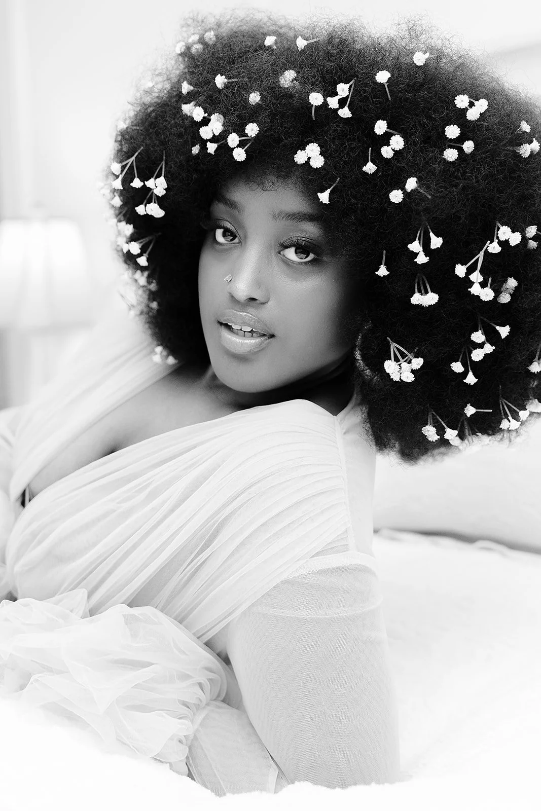 Afro flower wig with floral details for bridal shoot