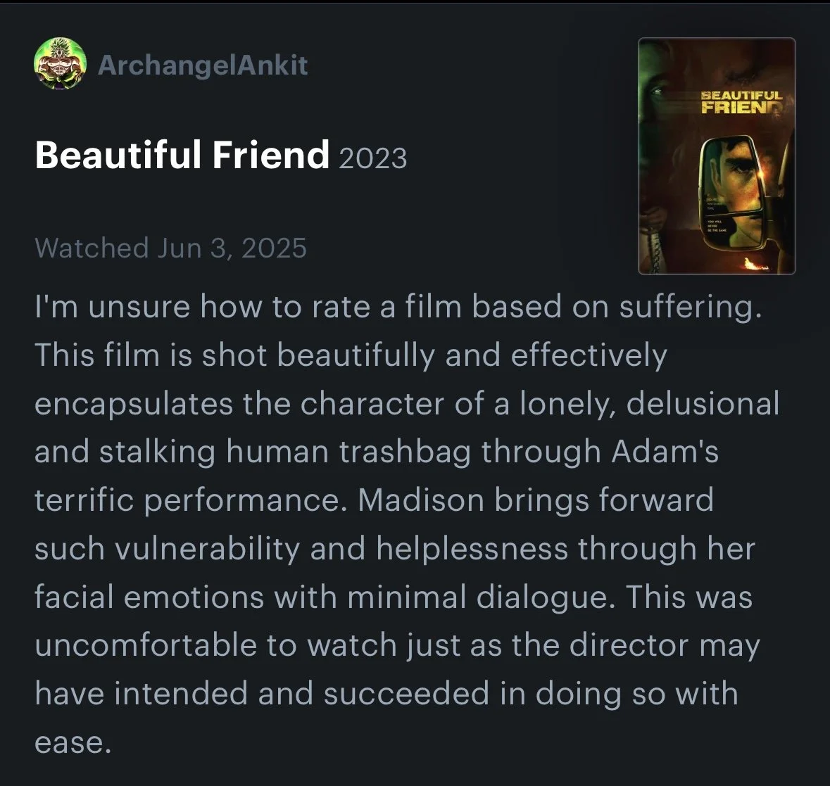 Screenshot of a movie review for 'Beautiful Friend' (2023), discussing the film's portrayal of suffering and vulnerability, with a poster featuring a man's face reflected in a side mirror.