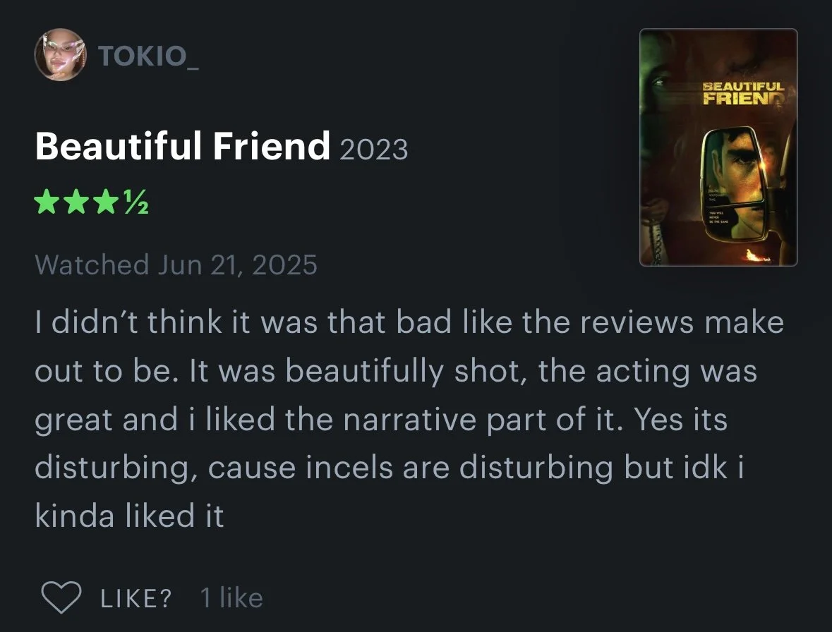 A digital review on a streaming platform for the movie 'Beautiful Friend' 2023, showing a dark poster with a face reflected in a side-view mirror and yellow text that says 'Beautiful Friend'.