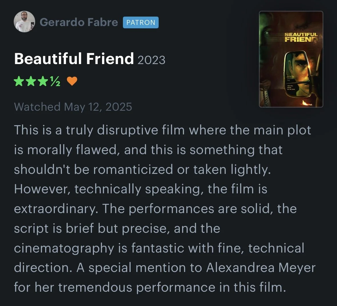 Movie review page for 'Beautiful Friend' 2023 with a poster image showing a close-up of a face reflected in side mirror and text highlighting the film's quality.