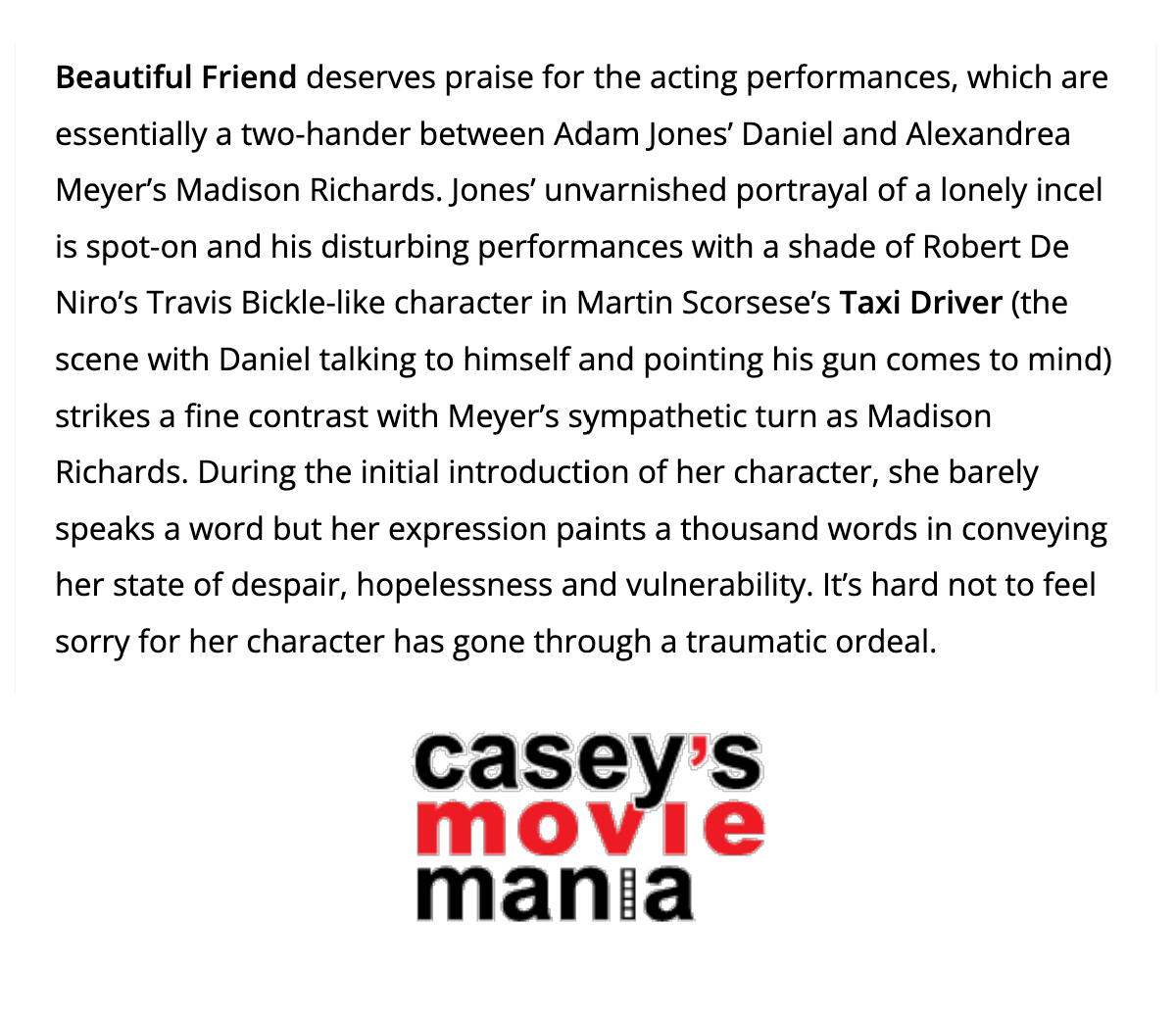 Text excerpt about a movie review and the logo for Casey's Movie Mania with the words Casey's, movie, mania in black and red text.