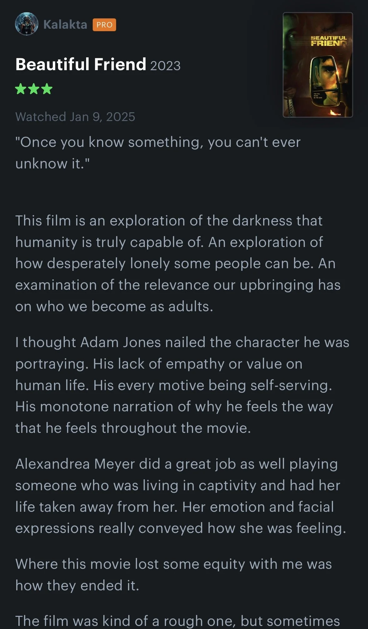 A movie review for 'Beautiful Friend' 2023, featuring a poster with a person’s face and a car mirror, and text discussing themes of darkness, loneliness, and character analysis.