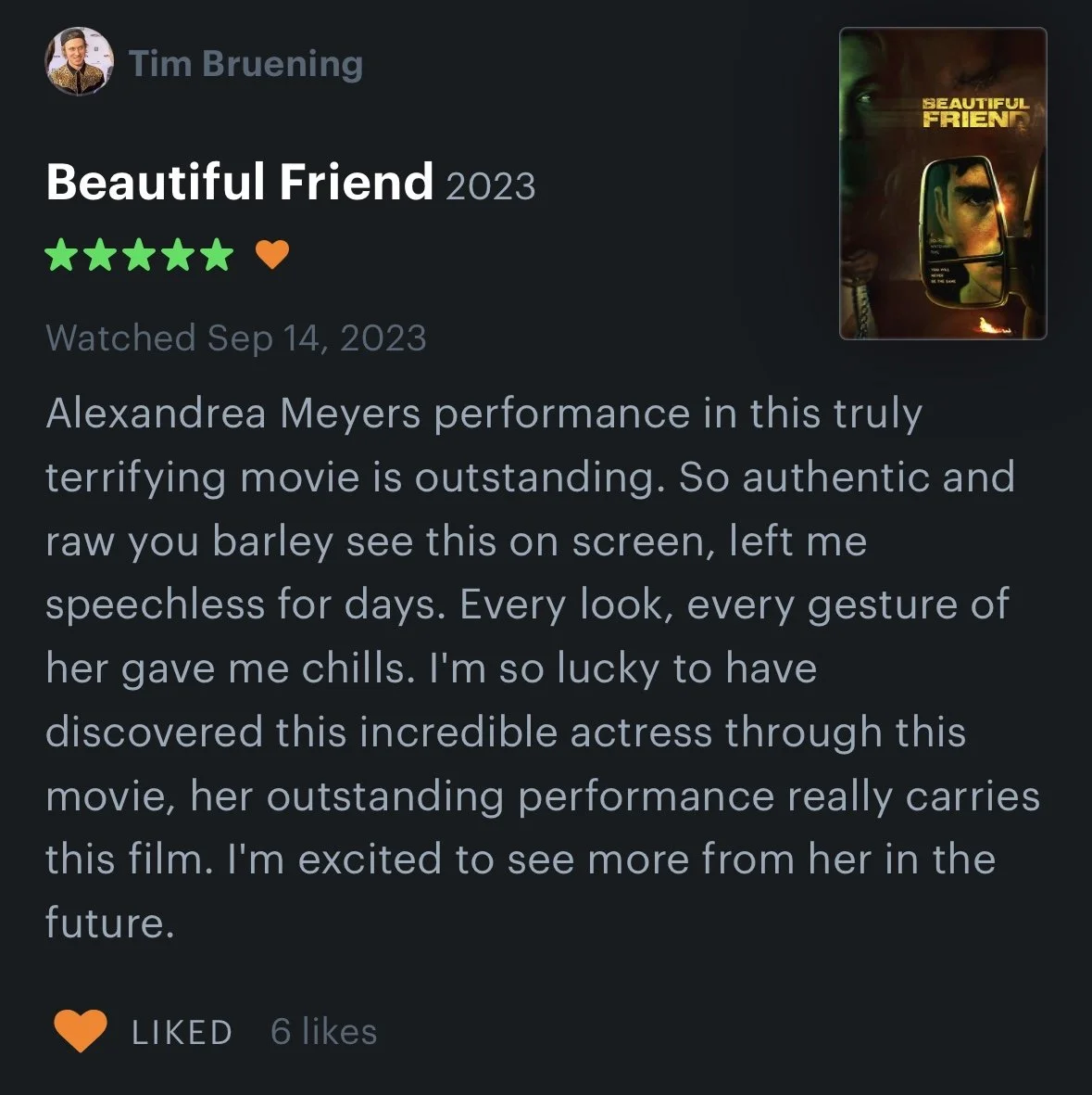 Movie review for 'Beautiful Friend 2023' with a poster showing a person's face reflected in a vehicle's side mirror, with the title 'Beautiful Friend' in yellow text.