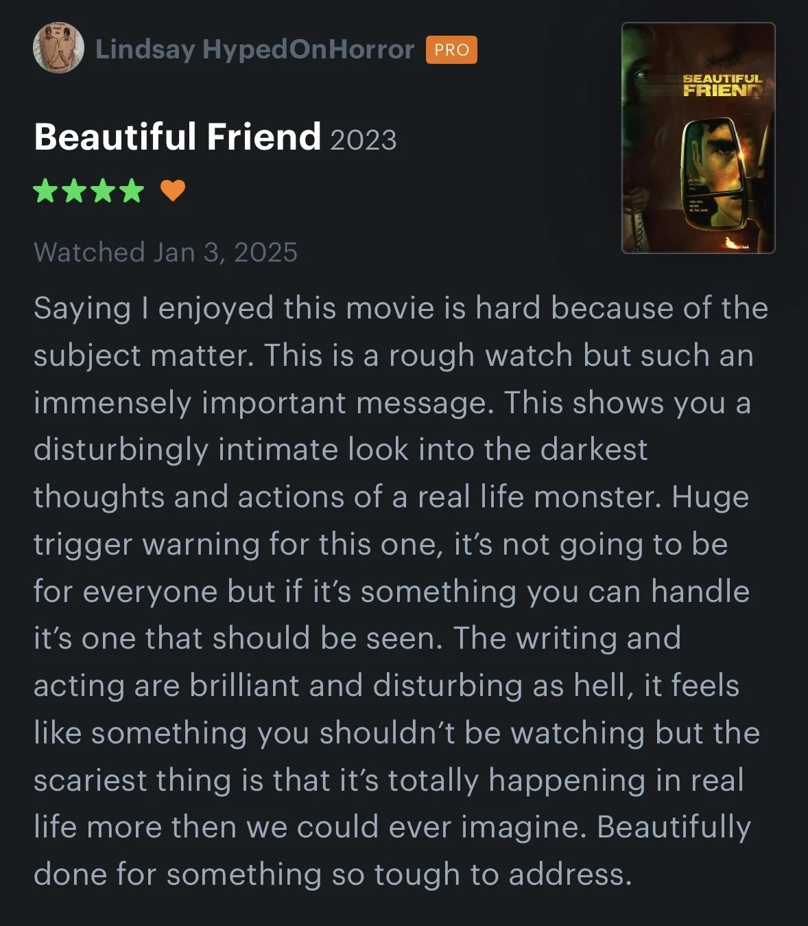 Review for the movie "Beautiful Friend" 2023, including a poster featuring a close-up of a person's eye and face reflected in a vehicle's side mirror.