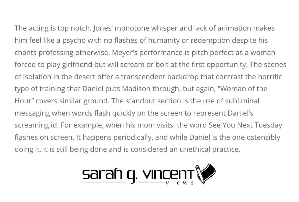 A block of text discussing acting, performance, and techniques in a theatrical or film context, with a logo at the bottom reading 'Sarah G. Vincent views' accompanied by a film strip and a pencil icon.