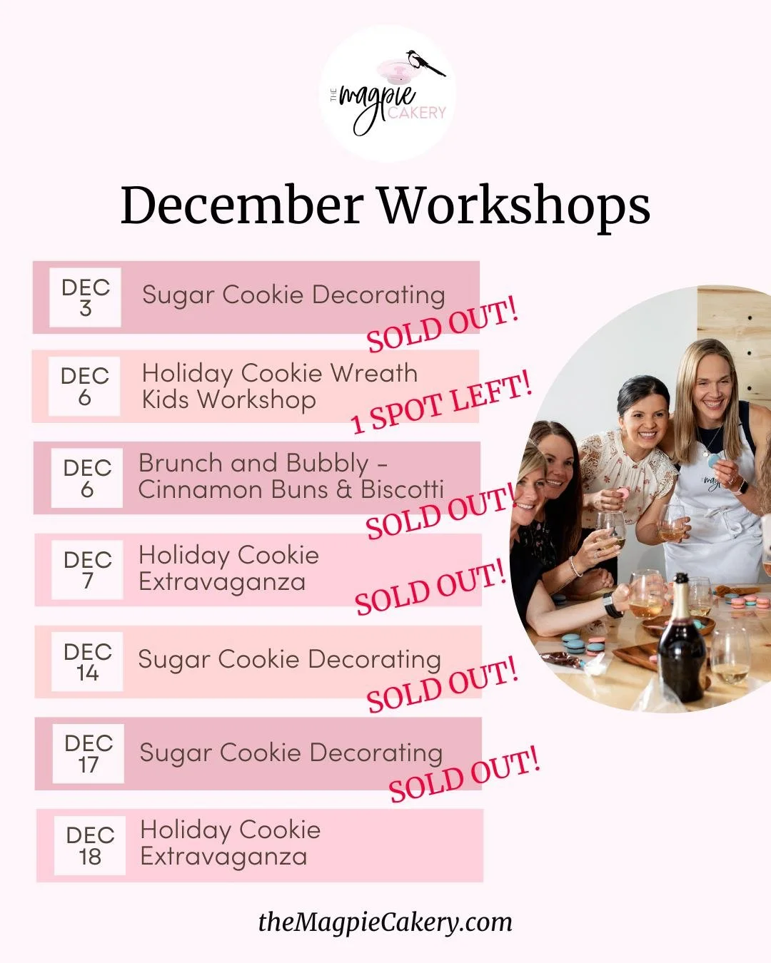 December workshops are almost completely sold out, but there&rsquo;s lots more baking fun coming up in the New Year!
Swipe to see my full winter workshop lineup all the way into May. 💖🍪

December Workshops:

🍪 Sugar Cookie Decorating - SOLD OUT!
W