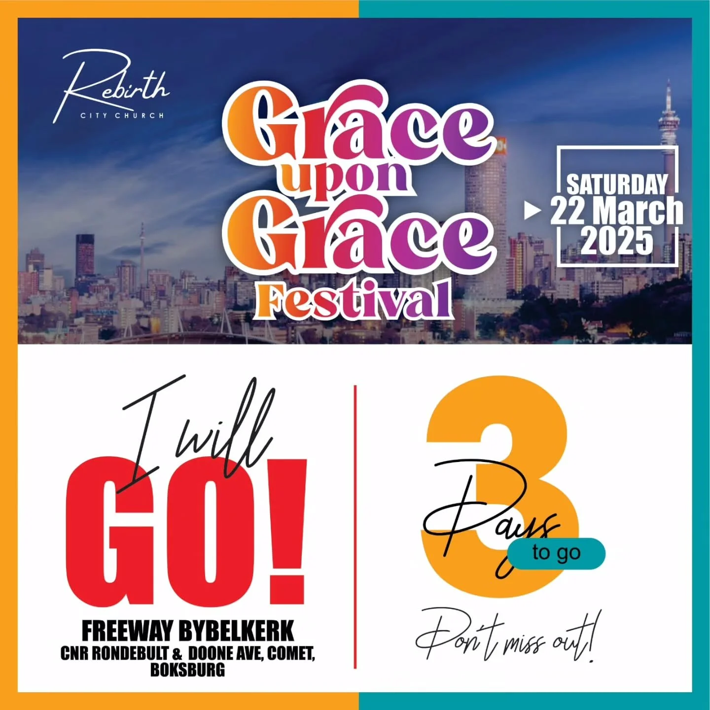 Counting Down the Days

"Get ready for an unforgettable day at Grace Upon Grace Festival! ✨ On March 22, experience powerful worship, inspiring messages, and a joyful celebration of faith. Don&rsquo;t miss out&mdash;mark your calendars and invit