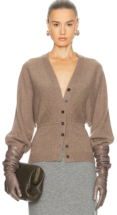SRG cashmere cardigan with cinched waist and dolman balloon sleeves