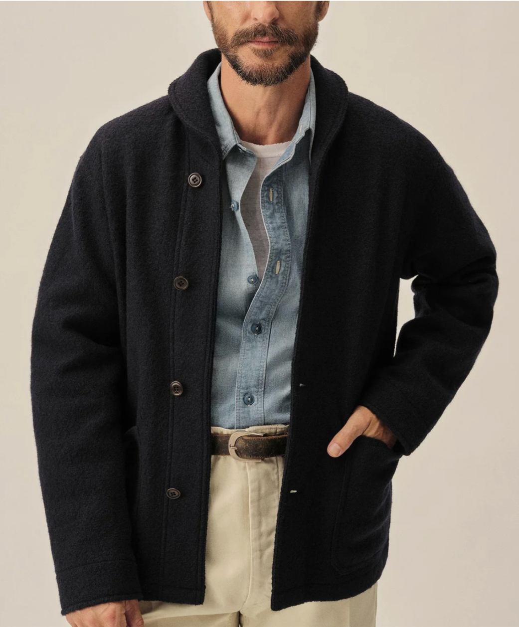 BUCK MASON Navy felted shawl coat