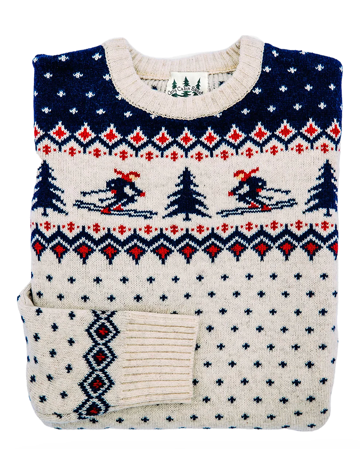 Kiel James Patrick alpine sweater with skiers and trees on it