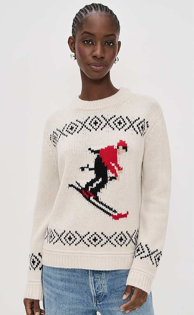 White & Warren cashmere blend sweater with skier on front