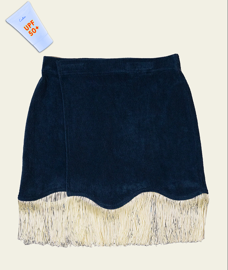Cadets navy terry miniskirt with cream fringe