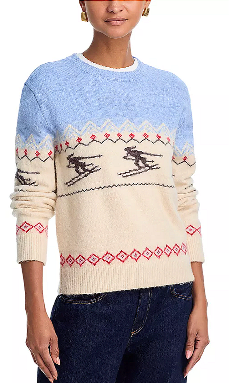 Aqua sweater with skiers on it