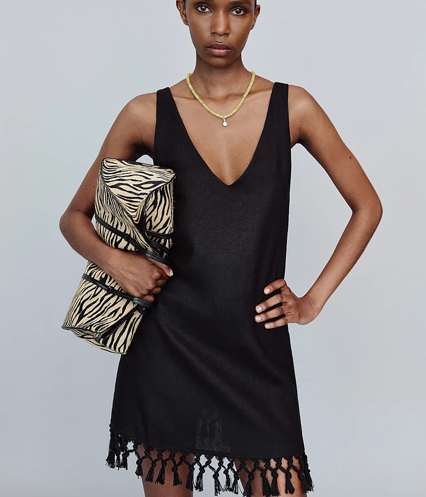 Reformation black linen sleeveless vneck mini dress with fringe hem